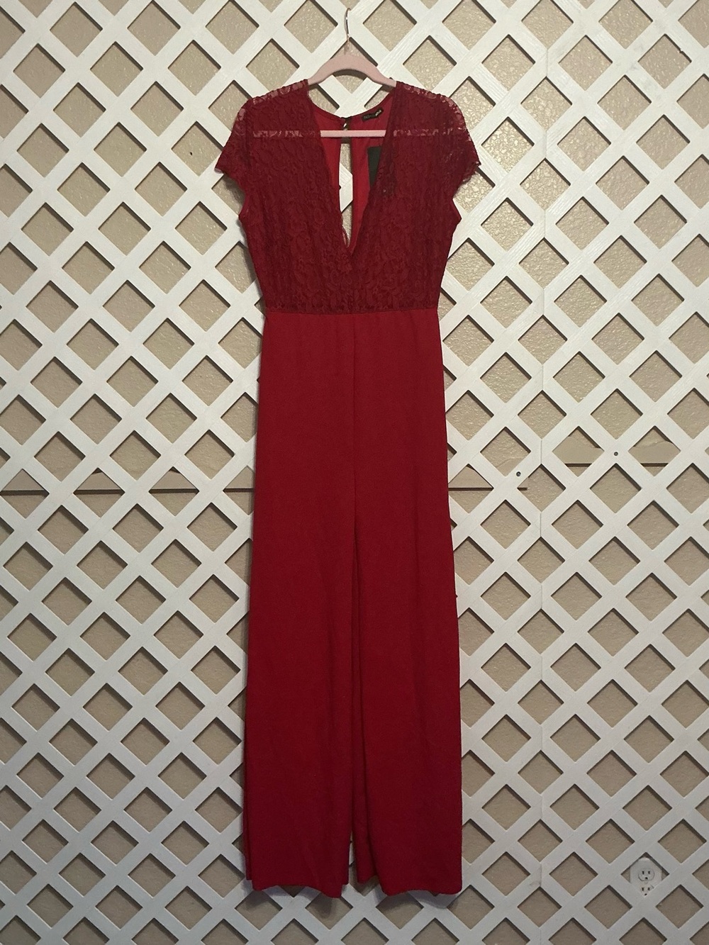 Red Lace V-neck Bodice Wide-Leg Jumpsuit